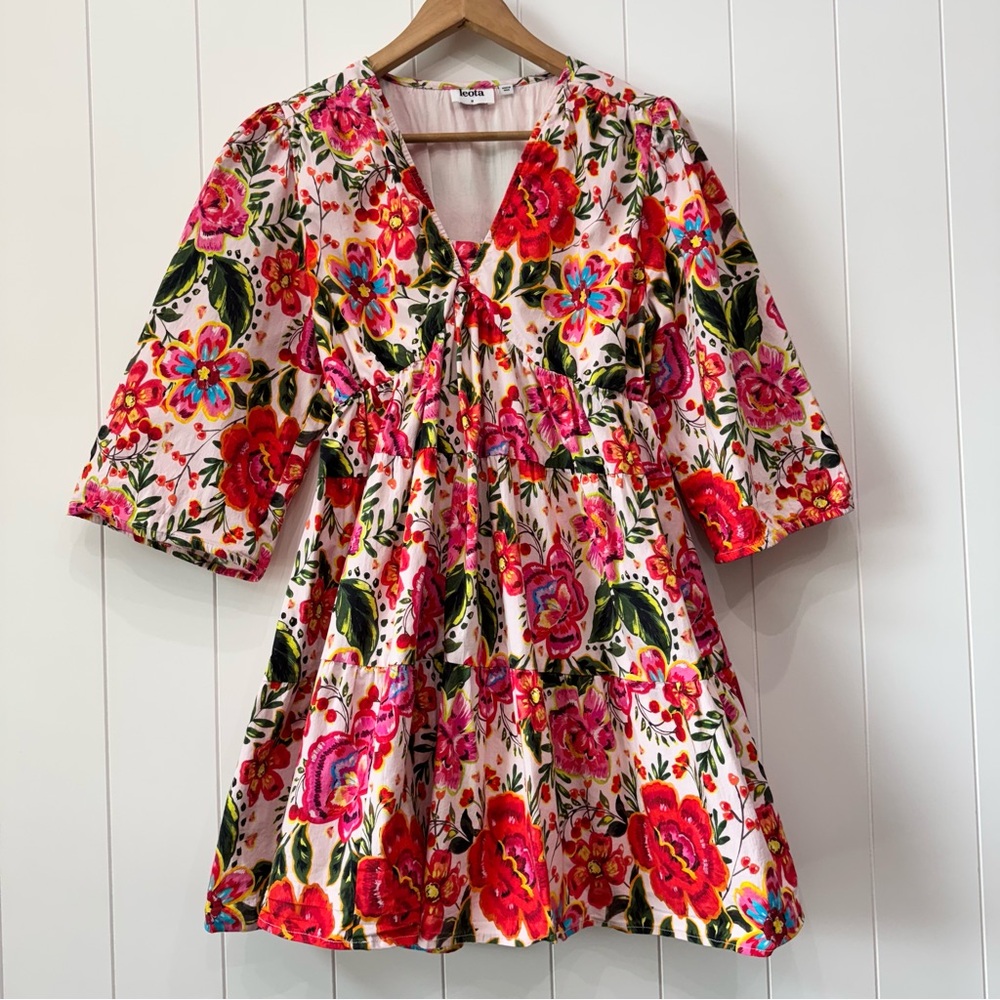 Leota Zariah Floral Stretch Cotton Blend Poplin Dress Size Medium Red Pink Green